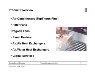 Product Overview

   Air Conditioners (TopTherm Plus)

   Filter Fans

  Pagoda Fans
   Pagoda

   Panel Heaters

   Air/Air Heat Exchangers

   Air/Water Heat Exchangers

   Global Services

Climate Control Overview   Product Management, Rev 3   7
 