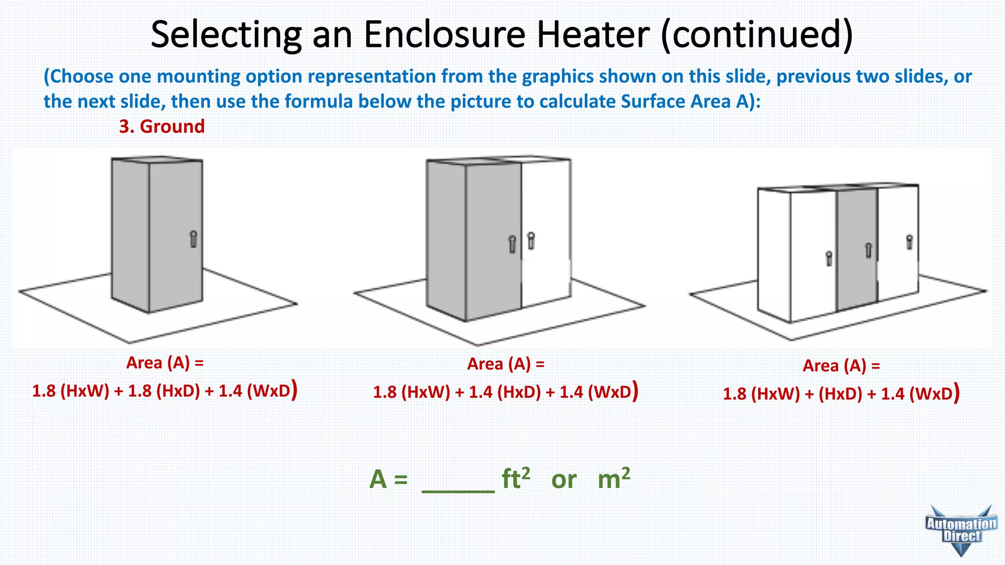 Selecting	an	Enclosure	Heater	(continued)
(Choose one mounting option representation from the graphics shown on this slide, previous two slides, or
the next slide, then use the formula below the picture to calculate Surface Area A):
3. Ground
A	=	 _____	ft2 or			m2
Area	(A)	=
1.8	(HxW)	+	1.8	(HxD)	+	1.4	(WxD)
Area	(A)	=
1.8	(HxW)	+	1.4	(HxD)	+	1.4	(WxD)
Area	(A)	=
1.8	(HxW)	+	(HxD)	+	1.4	(WxD)
 