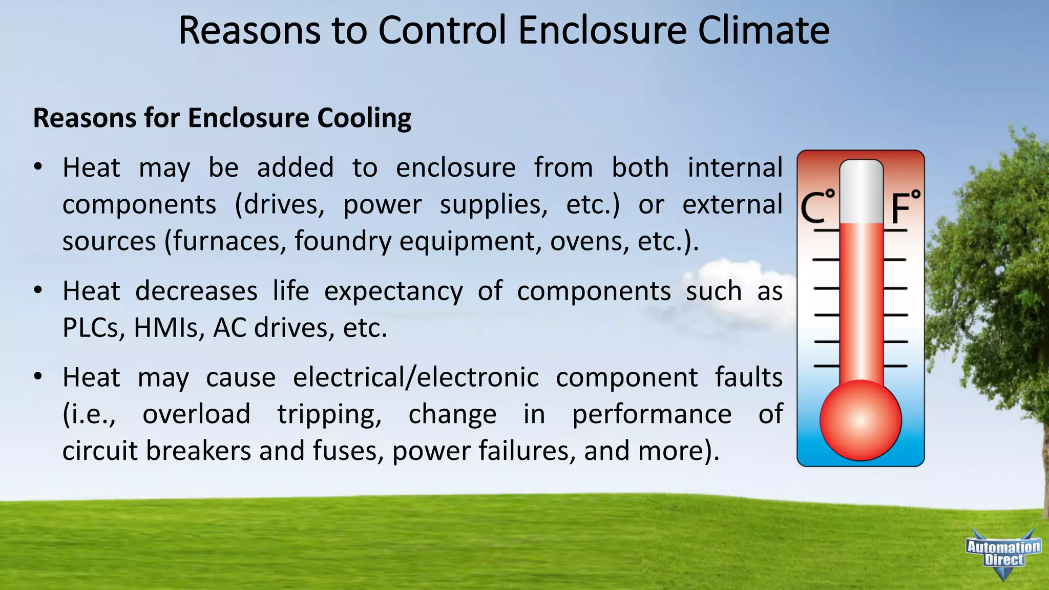 Reasons	to	Control	Enclosure	Climate
Reasons for Enclosure Cooling
• Heat may be added to enclosure from both internal
components (drives, power supplies, etc.) or external
sources (furnaces, foundry equipment, ovens, etc.).
• Heat decreases life expectancy of components such as
PLCs, HMIs, AC drives, etc.
• Heat may cause electrical/electronic component faults
(i.e., overload tripping, change in performance of
circuit breakers and fuses, power failures, and more).
 