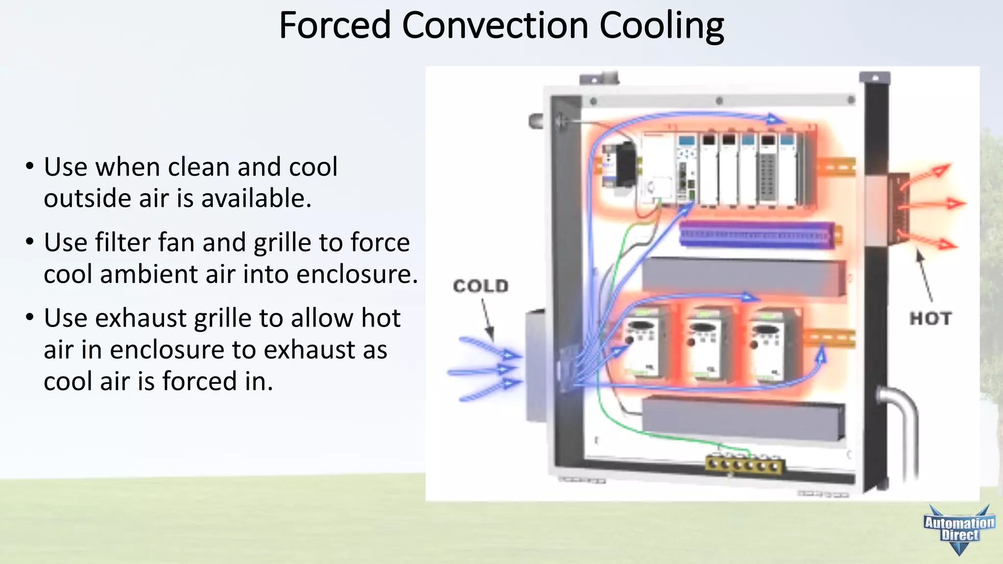 Forced	Convection	Cooling
• Use	when	clean	and	cool
outside	air	is	available.
• Use	filter	fan	and	grille	to	force
cool	ambient	air	into	enclosure.
• Use	exhaust	grille	to	allow	hot
air	in	enclosure	to	exhaust	as
cool	air	is	forced	in.
 