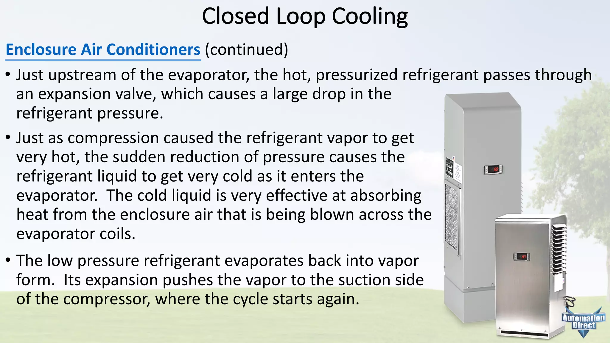 Closed	Loop	Cooling
Enclosure	Air	Conditioners (continued)
• Just	upstream	of	the	evaporator,	the	hot,	pressurized	refrigerant	passes	through
an	expansion	valve,	which	causes	a	large	drop	in	the
refrigerant	pressure.
• Just	as	compression	caused	the	refrigerant	vapor	to	get
very	hot,	the	sudden	reduction	of	pressure	causes	the
refrigerant	liquid	to	get	very	cold	as	it	enters	the
evaporator.		The	cold	liquid	is	very	effective	at	absorbing
heat	from	the	enclosure	air	that	is	being	blown	across	the
evaporator	coils.
• The	low	pressure	refrigerant	evaporates	back	into	vapor
form.		Its	expansion	pushes	the	vapor	to	the	suction	side
of	the	compressor,	where	the	cycle	starts	again.
 