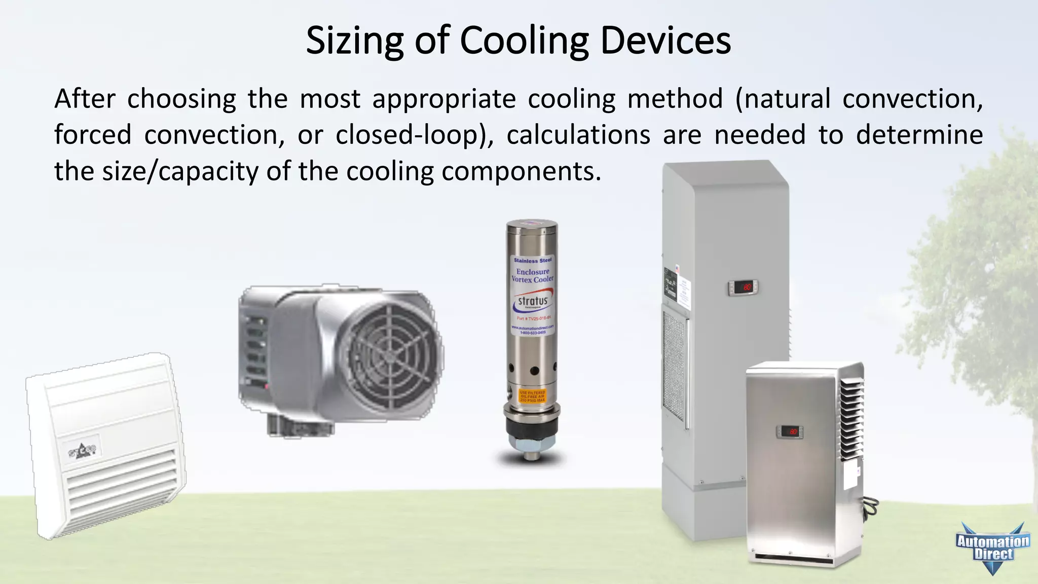 Sizing	of	Cooling	Devices
After choosing the most appropriate cooling method (natural convection,
forced convection, or closed-loop), calculations are needed to determine
the size/capacity of the cooling components.
 