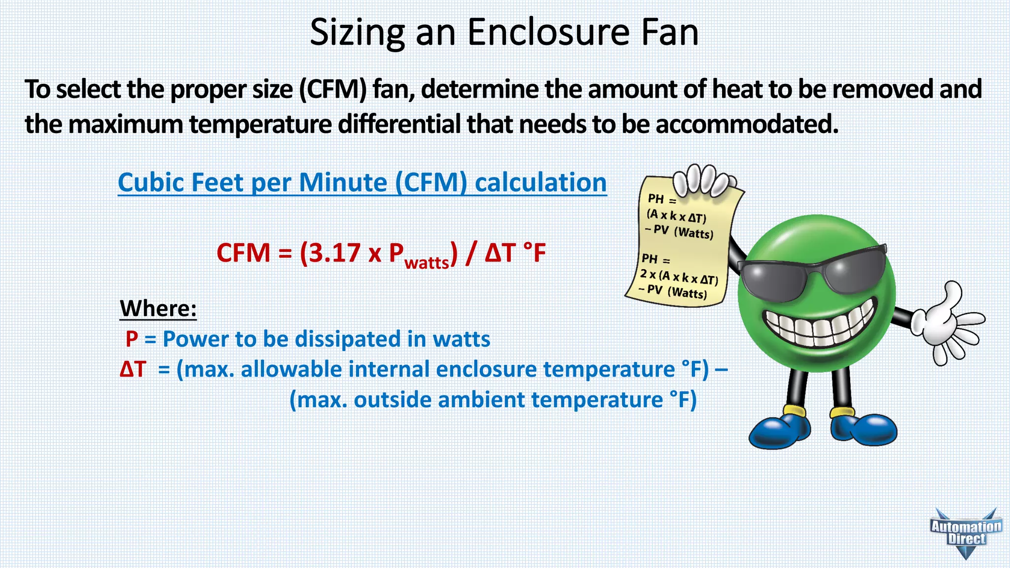 Sizing	an	Enclosure	Fan
To	select	the	proper	size	(CFM)	fan,	determine	the	amount	of	heat	to	be	removed	and	
the	maximum	temperature	differential	that	needs	to	be	accommodated.
Cubic	Feet	per	Minute	(CFM)	calculation
CFM	=	(3.17	x	Pwatts)	/	ΔT	°F
Where:
P	=	Power	to	be	dissipated	in	watts
ΔT	 =	(max.	allowable	internal	enclosure	temperature	°F)	–
(max.	outside	ambient	temperature	°F)
 
