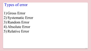 Types of error
1) Gross Error
2) Systematic Error
3) Random Error
4) Absolute Error
5) Relative Error
3
 