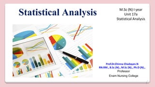 1
Statistical Analysis
Prof.Dr.Chinna Chadayan.N
RN.RM., B.Sc (N)., M.Sc (N)., Ph.D (N).,
Professor
Enam Nursing College
M.Sc (N) I year
Unit 17a
Statistical Analysis
1
 