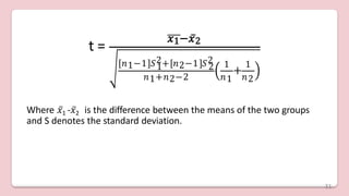 t =
𝑥1−𝑥̅2
1 2
𝑛1−1 𝑆2+ 𝑛2−1 𝑆2
𝑛1+𝑛2−2
+
1 1
𝑛1 𝑛2
Where 𝑥̅1 -𝑥̅2 is the difference between the means of the two groups
and S denotes the standard deviation.
31
 