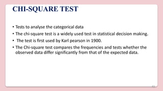 CHI-SQUARE TEST
• Tests to analyse the categorical data
• The chi-square test is a widely used test in statistical decision making.
• The test is first used by Karl pearson in 1900.
• The Chi-square test compares the frequencies and tests whether the
observed data differ significantly from that of the expected data.
41
 