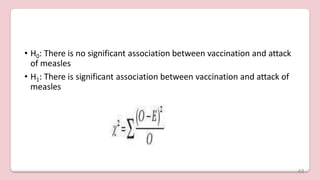 • H0: There is no significant association between vaccination and attack
of measles
• H1: There is significant association between vaccination and attack of
measles
44
 