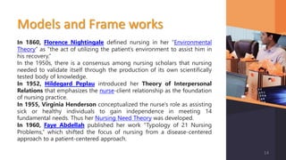 Models and Frame works
In 1860, Florence Nightingale defined nursing in her “Environmental
Theory” as “the act of utilizing the patient’s environment to assist him in
his recovery.”
In the 1950s, there is a consensus among nursing scholars that nursing
needed to validate itself through the production of its own scientifically
tested body of knowledge.
In 1952, Hildegard Peplau introduced her Theory of Interpersonal
Relations that emphasizes the nurse-client relationship as the foundation
of nursing practice.
In 1955, Virginia Henderson conceptualized the nurse’s role as assisting
sick or healthy individuals to gain independence in meeting 14
fundamental needs. Thus her Nursing Need Theory was developed.
In 1960, Faye Abdellah published her work “Typology of 21 Nursing
Problems,” which shifted the focus of nursing from a disease-centered
approach to a patient-centered approach.
14
 