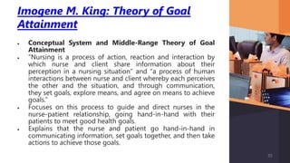 Imogene M. King: Theory of Goal
Attainment
 Conceptual System and Middle-Range Theory of Goal
Attainment
 “Nursing is a process of action, reaction and interaction by
which nurse and client share information about their
perception in a nursing situation” and “a process of human
interactions between nurse and client whereby each perceives
the other and the situation, and through communication,
they set goals, explore means, and agree on means to achieve
goals.”
 Focuses on this process to guide and direct nurses in the
nurse-patient relationship, going hand-in-hand with their
patients to meet good health goals.
 Explains that the nurse and patient go hand-in-hand in
communicating information, set goals together, and then take
actions to achieve those goals.
35
 