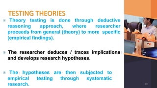 TESTING THEORIES
⦿ Theory testing is done through deductive
reasoning approach, where researcher
proceeds from general (theory) to more specific
(empirical findings).
⦿ The researcher deduces / traces implications
and develops research hypotheses.
⦿ The hypotheses are then subjected to
empirical testing through systematic
research. 69
 