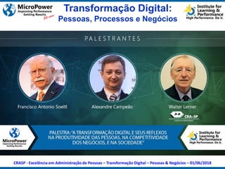 Transformação Digital:
Pessoas, Processos e Negócios
CRASP - Excelência em Administração de Pessoas – Transformação Digital – Pessoas & Negócios – 01/06/2018
 