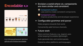 Encodable <.>
Envision a world where vis. components
are more similar and consistent.
Krist Wongsuphasawat (@kristw)
github.com/kristw/encodable
Configurable grammar and parser
Make progress towards that world.
Conveniently add/remove channels.
Future work
More common features, e.g., legend, axes
while keeping Encodable lightweight.
Auto-generate doc and control panels.
Extend to other platforms and languages.
Component authors
Less work to create consistent components.
Component users
Improve productivity and developer experience.
 