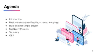2
Agenda
● Introduction
● Basic concepts (manifest ﬁle, schema, mappings)
● Build another simple project
● SubQuery Projects
● Summary
● Q&A
 