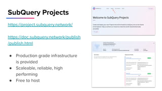 SubQuery Projects
https://project.subquery.network/
https://doc.subquery.network/publish
/publish.html
● Production grade infrastructure
is provided
● Scaleable, reliable, high
performing
● Free to host
 