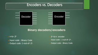 Encoders vs. Decoders 
Decoder Encoder 
Binary decoders/encoders 
 n-to- 2n 
 Input code : Binary Code 
 Output code :1...