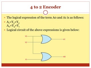 4 to 2 Encoder
 The logical expression of the term A0 and A1 is as follows:
 A1=Y3+Y2
A0=Y3+Y1
 Logical circuit of the above expressions is given below:
 