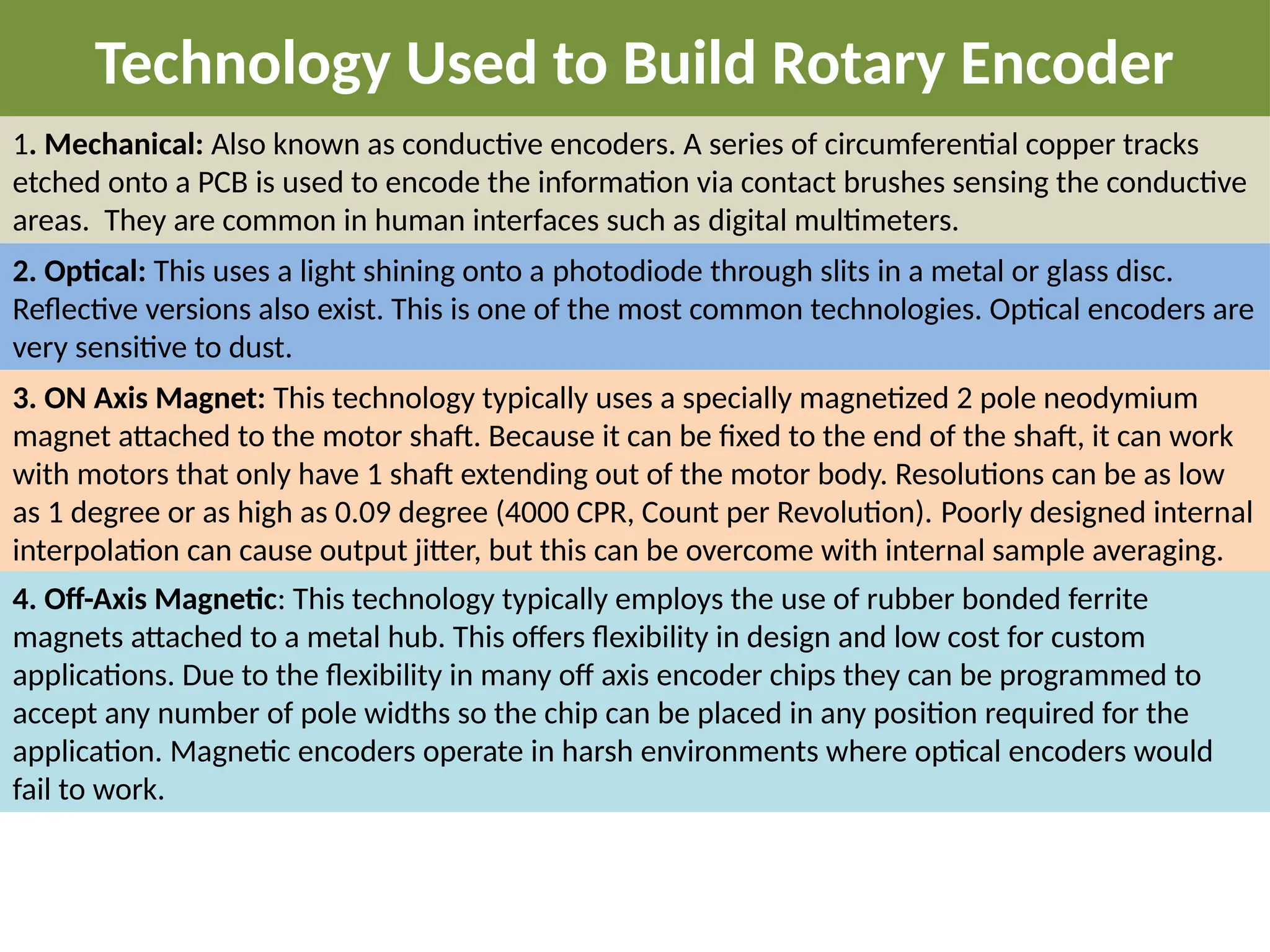 Technology Used to Build Rotary Encoder
1. Mechanical: Also known as conductive encoders. A series of circumferential copper tracks
etched onto a PCB is used to encode the information via contact brushes sensing the conductive
areas. They are common in human interfaces such as digital multimeters.
2. Optical: This uses a light shining onto a photodiode through slits in a metal or glass disc.
Reflective versions also exist. This is one of the most common technologies. Optical encoders are
very sensitive to dust.
3. ON Axis Magnet: This technology typically uses a specially magnetized 2 pole neodymium
magnet attached to the motor shaft. Because it can be fixed to the end of the shaft, it can work
with motors that only have 1 shaft extending out of the motor body. Resolutions can be as low
as 1 degree or as high as 0.09 degree (4000 CPR, Count per Revolution). Poorly designed internal
interpolation can cause output jitter, but this can be overcome with internal sample averaging.
4. Off-Axis Magnetic: This technology typically employs the use of rubber bonded ferrite
magnets attached to a metal hub. This offers flexibility in design and low cost for custom
applications. Due to the flexibility in many off axis encoder chips they can be programmed to
accept any number of pole widths so the chip can be placed in any position required for the
application. Magnetic encoders operate in harsh environments where optical encoders would
fail to work.
 