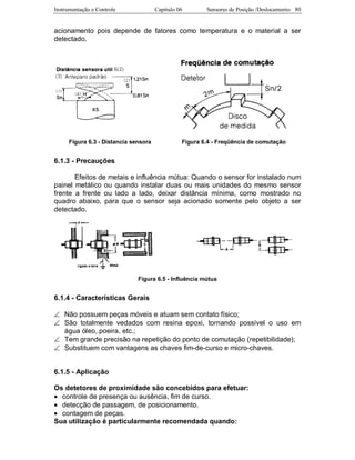 Instrumentação e Controle Capitulo 06 Sensores de Posição /Deslocamento 80
acionamento pois depende de fatores como temperatura e o material a ser
detectado.
Figura 6.3 - Distancia sensora Figura 6.4 - Freqüência de comutação
6.1.3 - Precauções
Efeitos de metais e influência mútua: Quando o sensor for instalado num
painel metálico ou quando instalar duas ou mais unidades do mesmo sensor
frente a frente ou lado a lado, deixar distância mínima, como mostrado no
quadro abaixo, para que o sensor seja acionado somente pelo objeto a ser
detectado.
Figura 6.5 - Influência mútua
6.1.4 - Características Gerais
∠ Não possuem peças móveis e atuam sem contato físico;
∠ São totalmente vedados com resina epoxi, tornando possível o uso em
água óleo, poeira, etc.;
∠ Tem grande precisão na repetição do ponto de comutação (repetibilidade);
∠ Substituem com vantagens as chaves fim-de-curso e micro-chaves.
6.1.5 - Aplicação
Os detetores de proximidade são concebidos para efetuar:
• controle de presença ou ausência, fim de curso.
• detecção de passagem, de posicionamento.
• contagem de peças.
Sua utilização é particularmente recomendada quando:
 
