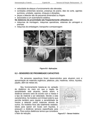 Instrumentação e Controle Capitulo 06 Sensores de Posição /Deslocamento 81
• velocidade de ataque e funcionamento são elevadas.
• condições ambientais severas, presença de poeira, óleo de corte, agentes
químicos, umidade, vapores, choques e vibrações.
• peças a detectar são de pequenas dimensões ou frágeis.
• associados a um automatismo estático.
Os detetores de proximidade são freqüentemente utilizados em:
• máquinas de montagem, máquinas operatrizes, sistemas de usinagem e
prensas.
• máquinas de embalagem, transporte e armazenagem
Figura 6.6 - Aplicações
6.2 - SENSORES DE PROXIMIDADE CAPACITIVO
Os sensores capacitivos foram desenvolvidos para atuarem com a
aproximação de materiais orgânicos, plásticos, pós, madeiras, vidros, líquidos,
papéis, além de metais etc.
Seu funcionamento baseia-se na variação
do dielétrico do meio em que a região de
sensibilidade está atuando, sendo assim, a
distância sensora varia de acordo com a massa e
o tipo de material a ser detectado. Devido a esta
característica, há modelos com trimpot externo que
permite também para regular a sensibilidade de
modos a detectar certos materiais através de
outros. Os modelos fixos são totalmente vedados,
ideais para operar em locais com líquidos, e
possuem a distância sensora especificada para
água. Para outros dielétricos temos que considerar
o fator de redução; Figura 6.7 – Sensor Indutivo
 