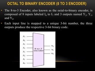 OCTAL TO BINARY ENCODER (8 TO 3 ENCODER)
• The 8-to-3 Encoder, also known as the octal-to-binary encoder, is
composed of 8 inputs labeled I0 to I7 and 3 outputs named Y2, Y1,
and Y0.
• Each input line is mapped to a unique 3-bit number, the three
outputs produce the respective 3-bit binary code.
 