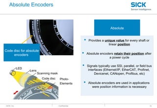: SICK, Inc. : Confidential
Absolute Encoders
14
Absolute
 Provides a unique value for every shaft or
linear position
 Absolute encoders retain their position after
a power cycle
 Signals typically use SSI, parallel, or field bus
interfaces (Ethernet/IP, EtherCAT, Profinet,
Devicenet, CANopen, Profibus, etc)
 Absolute encoders are used in applications
were position information is necessary
Code disc for absolute
encoders
LED
Lens
Scanning mask
Code disc Photo-
Elements
 