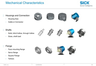 : SICK, Inc. : Confidential 30
: Housings and Connection
- Housing Size
- Cable or Connector
: Shafts
- Solid, blind hollow, through hollow
- Sizes, shaft load
: Flange
- Face mounting flange
- Servo flange
- Square Flange
- Tethers
Mechanical Characteristics
 