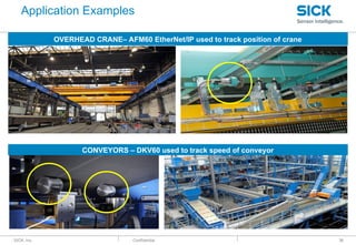 : SICK, Inc. : Confidential
Application Examples
36
OVERHEAD CRANE– AFM60 EtherNet/IP used to track position of crane
CONVEYORS – DKV60 used to track speed of conveyor
 