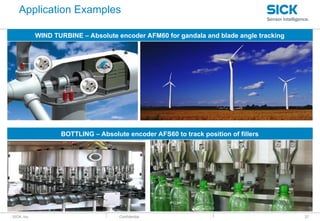 : SICK, Inc. : Confidential
Application Examples
37
WIND TURBINE – Absolute encoder AFM60 for gandala and blade angle tracking
BOTTLING – Absolute encoder AFS60 to track position of fillers
 
