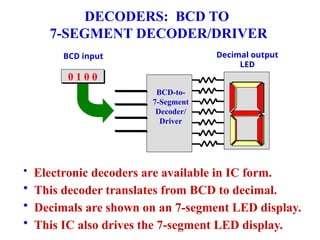 BCD-to-
7-Segment
Decoder/
Driver
DECODERS: BCD TO
7-SEGMENT DECODER/DRIVER
BCD input
0 0 0 0
Decimal output
LED
0 0 0 1
0 0 1 0
0 0 1 1
0 1 0 0
• Electronic decoders are available in IC form.
• This decoder translates from BCD to decimal.
• Decimals are shown on an 7-segment LED display.
• This IC also drives the 7-segment LED display.
 