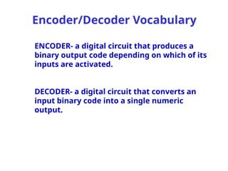 Encoder/Decoder Vocabulary
ENCODER- a digital circuit that produces a
binary output code depending on which of its
inputs are activated.
DECODER- a digital circuit that converts an
input binary code into a single numeric
output.
 