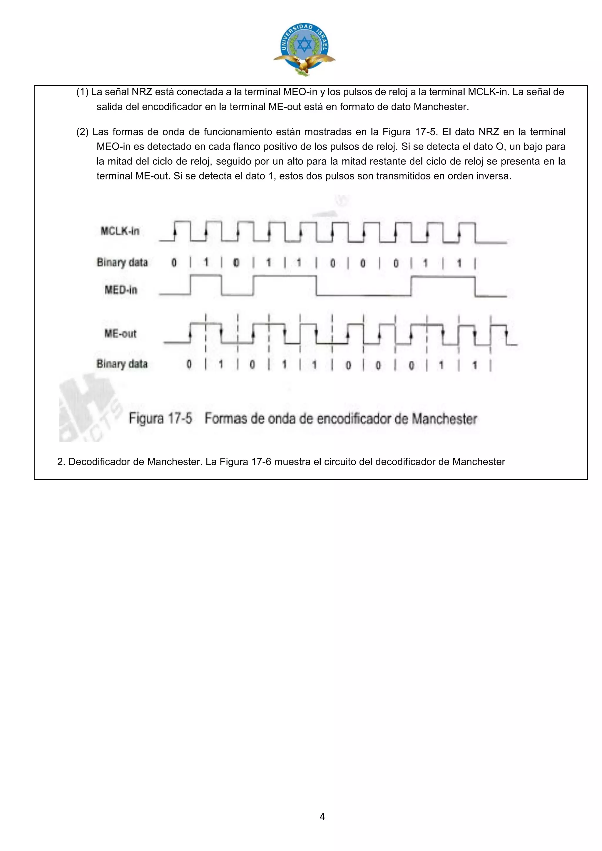 4
(1) La señal NRZ está conectada a la terminal MEO-in y los pulsos de reloj a la terminal MCLK-in. La señal de
salida del encodificador en la terminal ME-out está en formato de dato Manchester.
(2) Las formas de onda de funcionamiento están mostradas en la Figura 17-5. El dato NRZ en la terminal
MEO-in es detectado en cada flanco positivo de los pulsos de reloj. Si se detecta el dato O, un bajo para
la mitad del ciclo de reloj, seguido por un alto para la mitad restante del ciclo de reloj se presenta en la
terminal ME-out. Si se detecta el dato 1, estos dos pulsos son transmitidos en orden inversa.
2. Decodificador de Manchester. La Figura 17-6 muestra el circuito del decodificador de Manchester
 