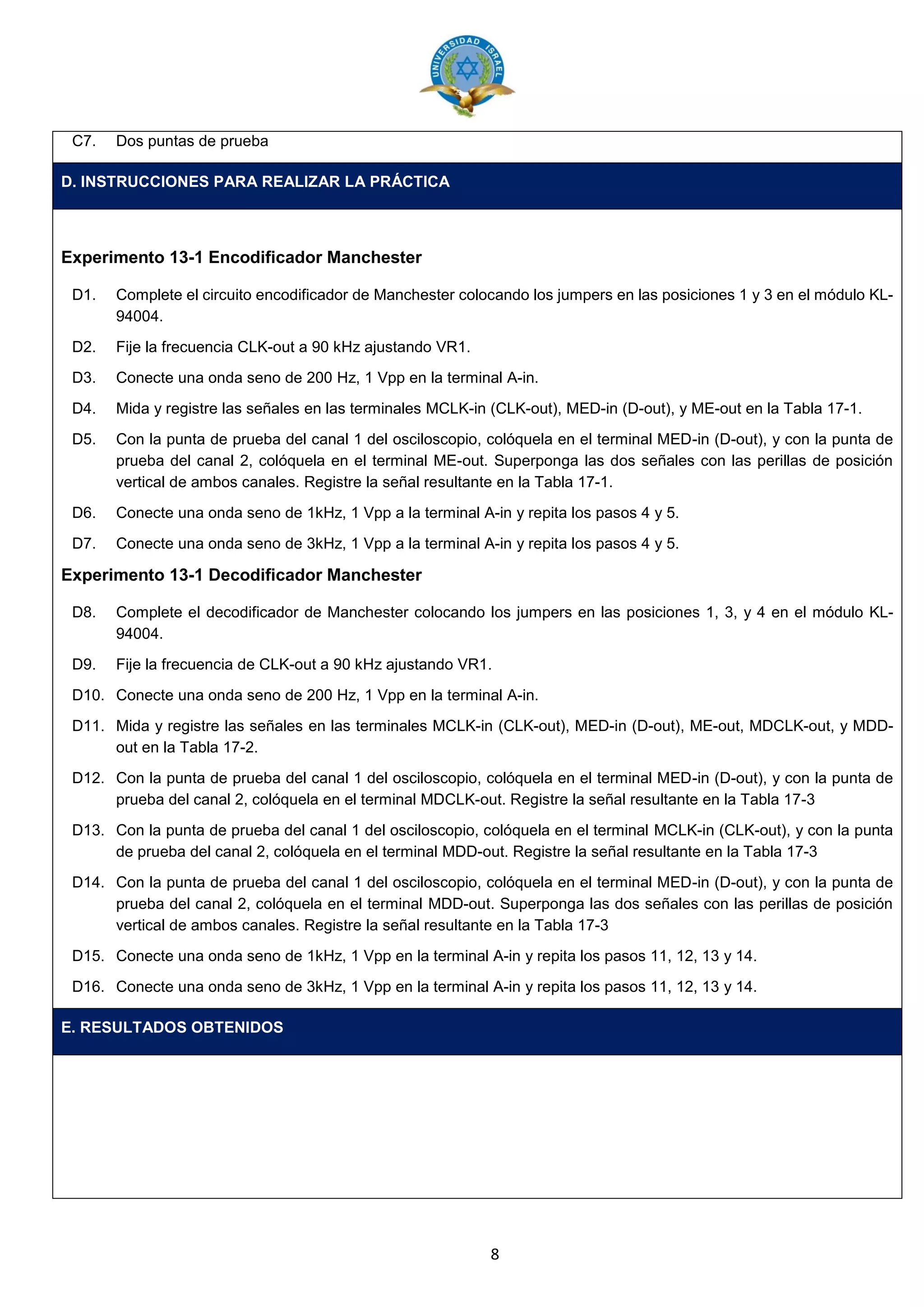 8
C7. Dos puntas de prueba
D. INSTRUCCIONES PARA REALIZAR LA PRÁCTICA
Experimento 13-1 Encodificador Manchester
D1. Complete el circuito encodificador de Manchester colocando los jumpers en las posiciones 1 y 3 en el módulo KL-
94004.
D2. Fije la frecuencia CLK-out a 90 kHz ajustando VR1.
D3. Conecte una onda seno de 200 Hz, 1 Vpp en la terminal A-in.
D4. Mida y registre las señales en las terminales MCLK-in (CLK-out), MED-in (D-out), y ME-out en la Tabla 17-1.
D5. Con la punta de prueba del canal 1 del osciloscopio, colóquela en el terminal MED-in (D-out), y con la punta de
prueba del canal 2, colóquela en el terminal ME-out. Superponga las dos señales con las perillas de posición
vertical de ambos canales. Registre la señal resultante en la Tabla 17-1.
D6. Conecte una onda seno de 1kHz, 1 Vpp a la terminal A-in y repita los pasos 4 y 5.
D7. Conecte una onda seno de 3kHz, 1 Vpp a la terminal A-in y repita los pasos 4 y 5.
Experimento 13-1 Decodificador Manchester
D8. Complete el decodificador de Manchester colocando los jumpers en las posiciones 1, 3, y 4 en el módulo KL-
94004.
D9. Fije la frecuencia de CLK-out a 90 kHz ajustando VR1.
D10. Conecte una onda seno de 200 Hz, 1 Vpp en la terminal A-in.
D11. Mida y registre las señales en las terminales MCLK-in (CLK-out), MED-in (D-out), ME-out, MDCLK-out, y MDD-
out en la Tabla 17-2.
D12. Con la punta de prueba del canal 1 del osciloscopio, colóquela en el terminal MED-in (D-out), y con la punta de
prueba del canal 2, colóquela en el terminal MDCLK-out. Registre la señal resultante en la Tabla 17-3
D13. Con la punta de prueba del canal 1 del osciloscopio, colóquela en el terminal MCLK-in (CLK-out), y con la punta
de prueba del canal 2, colóquela en el terminal MDD-out. Registre la señal resultante en la Tabla 17-3
D14. Con la punta de prueba del canal 1 del osciloscopio, colóquela en el terminal MED-in (D-out), y con la punta de
prueba del canal 2, colóquela en el terminal MDD-out. Superponga las dos señales con las perillas de posición
vertical de ambos canales. Registre la señal resultante en la Tabla 17-3
D15. Conecte una onda seno de 1kHz, 1 Vpp en la terminal A-in y repita los pasos 11, 12, 13 y 14.
D16. Conecte una onda seno de 3kHz, 1 Vpp en la terminal A-in y repita los pasos 11, 12, 13 y 14.
E. RESULTADOS OBTENIDOS
 