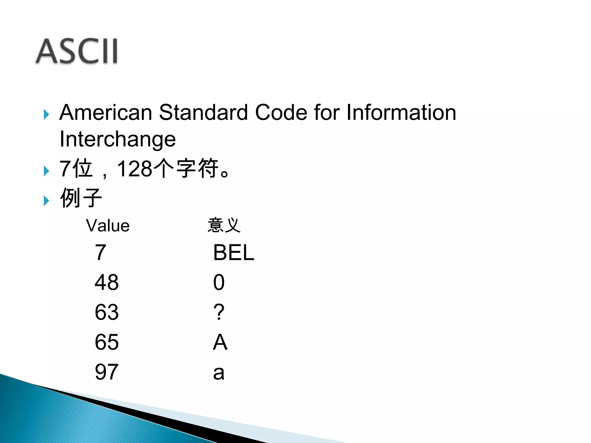    American Standard Code for Information
    Interchange
   7位，128个字符。
   例子
      Value       意义
       7          BEL
       48         0
       63         ?
       65         A
       97         a
 