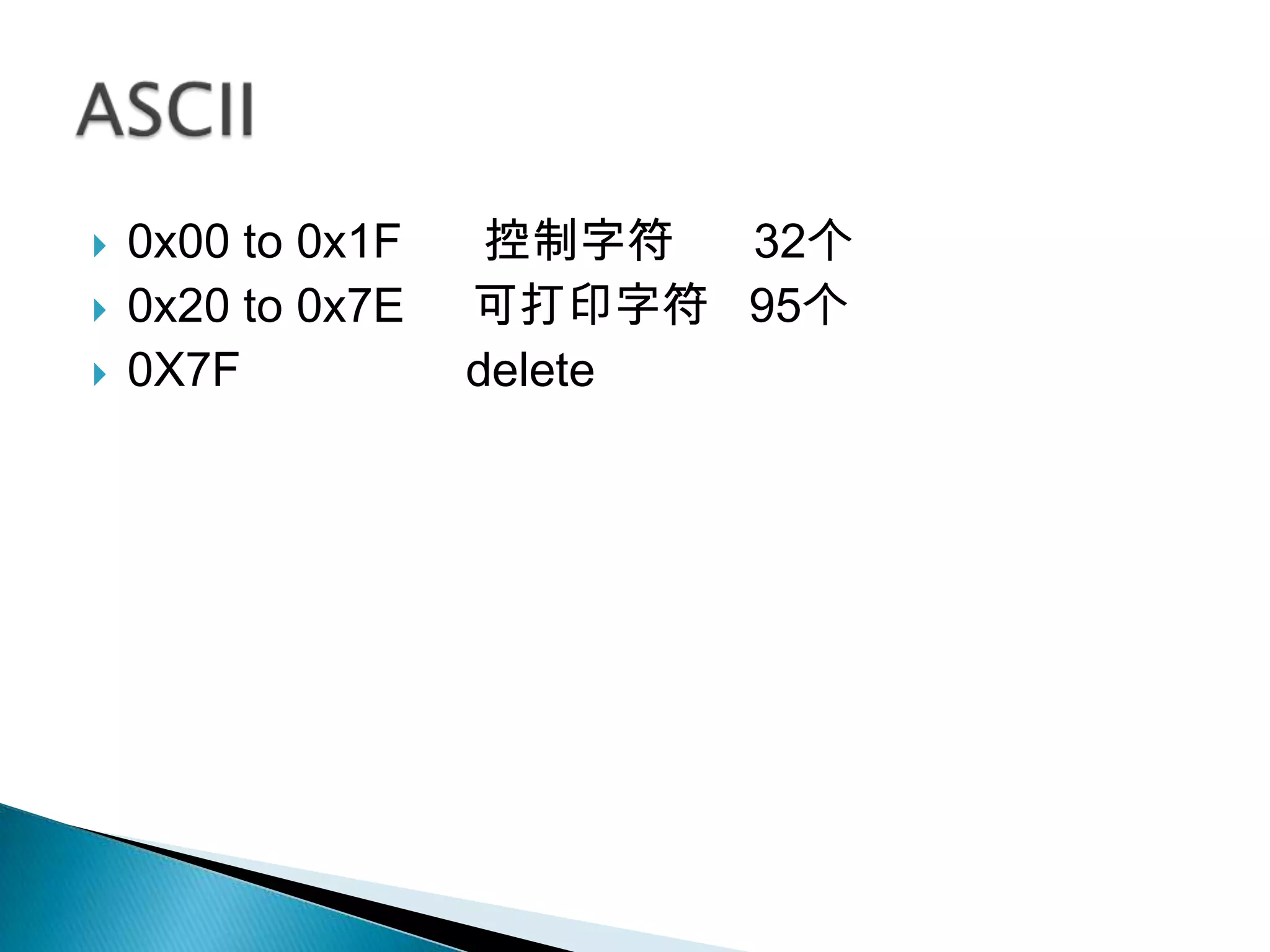    0x00 to 0x1F    控制字符  32个
   0x20 to 0x7E   可打印字符 95个
   0X7F           delete
 