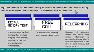 is a measure of explicit
memory that involves
bringing from memory
information that has
previously been
remembered.
is a measure of memory
with no prompts or clues.
Measures of relearning
assess how much more
quickly information is
processed or learned when it
is studied again after it has
already been learned, but
then forgotten.
Explicit memory is assessed using measures in which the individual being
tested must consciously attempt to remember the information.
 
