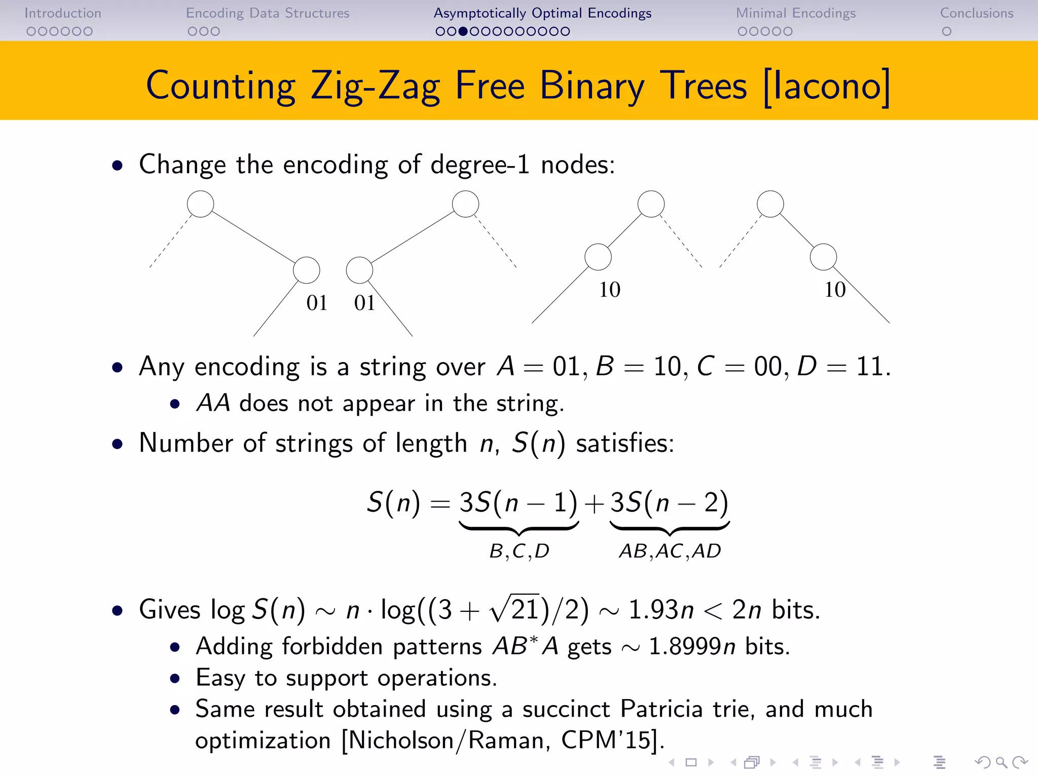 Introduction Encoding Data Structures Asymptotically Optimal Encodings Minimal Encodings Conclusions
Counting Zig-Zag Free Binary Trees [Iacono]
• Change the encoding of degree-1 nodes:
01
1010
01
• Any encoding is a string over A = 01, B = 10, C = 00, D = 11.
• AA does not appear in the string.
• Number of strings of length n, S(n) satisﬁes:
S(n) = 3S(n − 1)
B,C,D
+ 3S(n − 2)
AB,AC,AD
• Gives log S(n) ∼ n · log((3 +
√
21)/2) ∼ 1.93n < 2n bits.
• Adding forbidden patterns AB∗
A gets ∼ 1.8999n bits.
• Easy to support operations.
• Same result obtained using a succinct Patricia trie, and much
optimization [Nicholson/Raman, CPM’15].
 