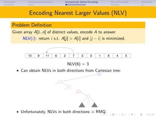 Introduction Encoding Data Structures Asymptotically Optimal Encodings Minimal Encodings Conclusions
Encoding Nearest Larger Values (NLV)
Problem Deﬁnition
Given array A[1..n] of distinct values, encode A to answer
NLV(i): return i s.t. A[j] > A[i] and |j − i| is minimized.
9 11 2 0 1 8 56 410 7 3
NLV(6) = 3
• Can obtain NLVs in both directions from Cartesian tree:
• Unfortunately, NLVs in both directions ≡ RMQ.
 
