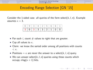 Introduction Encoding Data Structures Asymptotically Optimal Encodings Minimal Encodings Conclusions
Encoding Range Selection [GN ’15]
Consider the 1-sided case: all queries of the form select(k, l, n). Example
assumes κ = 3.
0 9 3 4 2 5 6 8 1
3 0 3 3 3 2 1 0 0
• For each i, count # values to right that are greater.
• Cap all values to κ.
• Claim: we know the sorted order among all positions with counts
< κ.
• Positions = κ are never the answer to a select(k, l, n) query.
• We can answer select(k, l, n) queries using these counts which
occupy n log(κ + 1) bits.
 