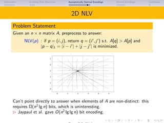 Introduction Encoding Data Structures Asymptotically Optimal Encodings Minimal Encodings Conclusions
2D NLV
Problem Statement
Given an n × n matrix A, preprocess to answer:
NLV(p) : if p = (i, j), return q = (i , j ) s.t. A[q] > A[p] and
|p − q|1 = |i − i | + |j − j | is minimized.
0
1
2
3
4
5
0 1 2 3 4 5
Can’t point directly to answer when elements of A are non-distinct: this
requires Ω(n2
lg n) bits, which is uninteresting.
Jaypaul et al. gave O(n2
lg lg n) bit encoding.
 