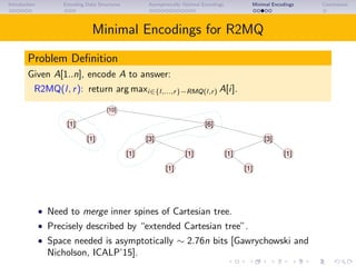 Introduction Encoding Data Structures Asymptotically Optimal Encodings Minimal Encodings Conclusions
Minimal Encodings for R2MQ
Problem Deﬁnition
Given A[1..n], encode A to answer:
R2MQ(l, r): return arg maxi∈{l,...,r}−RMQ(l,r) A[i].
[10]
[1] [6]
[1]
[1]
[1]
[3]
[1] [1]
[1]
[1]
[3]
• Need to merge inner spines of Cartesian tree.
• Precisely described by “extended Cartesian tree”.
• Space needed is asymptotically ∼ 2.76n bits [Gawrychowski and
Nicholson, ICALP’15].
 