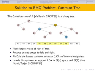 Introduction Encoding Data Structures Asymptotically Optimal Encodings Minimal Encodings Conclusions
Solution to RMQ Problem: Cartesian Tree
The Cartesian tree of A [Vuillemin CACM’80] is a binary tree.
43 97 46 33 85 67 18 4524 8347
97
47 85
43
18
45
83
24 67
33
34
34
46
• Place largest value at root of tree.
• Recurse on sub-arrays to left and right.
• RMQ is the lowest common ancestor (LCA) of interval endpoints.
• n-node binary tree can support LCA in O(n) space and O(1) time.
[Harel/Tarjan SICOMP’84]
 