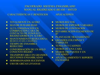 TOTALMENTE EN ACERO MAYOR DURABILIDAD ALTA TERMINACIÓN EN COMBINACIÓN CARA DE CONTACTO DE FENOLICO RIGIDIZADORES EN ACERO MANTENIMIENTO REDUCIDO ( E-BEAM CLAVADA A MADERA) TIEMPO DE ENSAMBLE REDUCIDO CONFORMACIÓN DE UN SOLO CONJUNTO RÍGIDO TRANSPORTABLE EN GRANDES SECCIONES ENSAMBLADAS HORMIGONADOS SUCESIVOS USO DE GRÚAS LIVIANAS MUROS RECTOS MUROS DE ESPESOR VARIABLE MUROS DE CONTENCIÓN REFABRICACIÓN ELEMENTO DE H° PLANTAS DE TRATAMIENTO GRANDES COLUMNAS Y TABIQUES  TÚNELES Y CAJONES MUROS DE UNA CARA MUROS TREPANTES Y EN VOLADIZO APUNTALAMIENTO Y SOPORTE FACHADAS CARACTERÍSTICAS Y BENEFICIOS  APLICACIONES ENCOFRADO  SISTEMA ENSAMBLADO  MANUAL RIGIDIZADO E-BEAM + SSTUD 