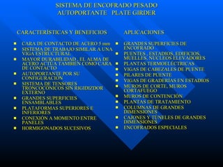 CARA DE CONTACTO DE ACERO 5 mm SISTEMA DE TRABAJO SIMILAR A UNA VIGA ESTRUCTURAL MAYOR DURABILIDAD , EL ALMA DE ACERO ACTÚA TAMBIÉN COMO CARA DE CONTACTO AUTOPORTANTE POR SU CONFIGURACIÓN SISTEMA DE TENSORES TRONCOCÓNICOS SIN RIGIDIZDOR EXTERNO  GRANDES SUPERFICIES ENSAMBLABLES PLATAFORMAS SUPERIORES E INFERIORES CONEXIÓN A MOMENTO ENTRE PANELES HORMIGONADOS SUCESIVOS GRANDES SUPERFICIES DE ENCOFRADO PUENTES , ESTADIOS, EDIFICIOS, MUELLES, NÚCLEOS ELEVADORES PLANTAS TERMOELÉCTRICAS VIGAS DE CABEZALES DE PUENTE  PILARES DE PUENTE VIGAS DE GRADERÍAS EN ESTADIOS MUROS DE CORTE, MUROS CORTAFUEGO  MUROS DE CONTENCIÓN  PLANTAS DE TRATAMIENTO COLUMNAS DE GRANDES DIMENSIONES CAJONES Y TÚNELES DE GRANDES DIMENSIONES ENCOFRADOS ESPECIALES CARACTERÍSTICAS Y BENEFICIOS  APLICACIONES SISTEMA DE ENCOFRADO PESADO AUTOPORTANTE  PLATE GIRDER 