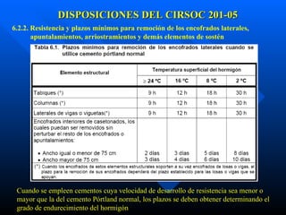 6.2.2. Resistencia y plazos mínimos para remoción de los encofrados laterales,  apuntalamientos, arriostramientos y demás elementos de sostén  DISPOSICIONES DEL CIRSOC 201-05 Cuando se empleen cementos cuya velocidad de desarrollo de resistencia sea menor o mayor que la del cemento Pórtland normal, los plazos se deben obtener determinando el grado de endurecimiento del hormigón  