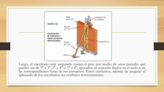 Luego, el encofrado será asegurado contra el piso por medio de unos puntales que
pueden ser de 3" x 3", 2" x 4" ó 3" x 4", apoyados en soportes fijados en el suelo o en
las correspondientes losas de los entrepisos. Estos elementos, además de asegurar el
aplomado de los encofrados, les confieren arriostramiento.
 