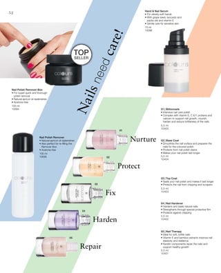100 ml
10094
15 ml
10096
5,5 ml
10405
5,5 ml
10404
5,5 ml
10403
5,5 ml
10402
5,5 ml
10401
52
Nailsneedcare!
Nurture
Protect
Fix
Harden
Repair
Nail Polish Remover-Box
• For super-quick and thorough
polish removal
• Natural apricot oil replenishes
• Acetone-free
100 ml
10095
Nail Polish Remover
• Natural apricot oil replenishes
• Also perfect for re-filling the
Remover Box
• Acetone-free
Hand  Nail Serum
• For velvety-soft hands
• With grape seed, avocado and
jojoba oils and vitamin E
• Gentle care for sensitive skin
01 | Billionnails
• Intensive nail care polish
• Complex with vitamin E, C  F, proteins and
calcium to support nail growth, nourish,
harden and reduce brittleness of the nails
02 | Base Coat
• Smoothes the nail surface and prepares the
nails for the coloured polish
• Protects from nail polish stains
• Makes your nail polish last longer
03 | Top Coat
• Seals your nail polish and makes it last longer
• Protects the nail from chipping and scrapers
04 | Nail Hardener
• Hardens and seals natural nails
• Strengthens through special protective film
• Protects against chipping
05 | Nail Therapy
• Ideal for soft, brittle nails
• Vitamin E and bamboo extracts improve nail
elasticity and resilience
• Keratin components repair the nails and
support healthy growth
Top
Seller
 