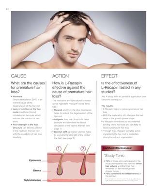 80
*Study Tonic
• 76% of those who participated in the
study claimed that they noticed better
hair volume and that their hair
remained in the natural growth
phases longer
• 76% confirmed the effectiveness of
the product.
(Tonic was tested on 20 men and 5 women in the age group 21 to 60 years
of age through the DermaTronnier over a period of 4 months in 2005)
Certified Effectiveness:
CAUSE
• Hormone
Dihydrotestosteron (DHT) is an
indirect cause of the
degeneration of the hair root
• Lack of nutrition at the hair
roots. Insufficient blood
circulation in the scalp which
reduces the nutrition of hair
roots.
• Poor strength in the hair
structure can also be a factor
in the health of the hair root
with the possibility of hair loss
resulting.
Epidermis
Derma
Subcutaneous
Effect
Yes. A study with an period of application over
4 months carried out*.
The results:
• L-Recapin helps to reduce premature hair
loss	
• With the application of L-Recapin the hair
stays in the growth phase longer
• L-Recapin contributes to the essential
binding of the hair root and can help to
reduce premature hair loss
• Through the L-Recapin complex active
ingredients the hair root is protected,
strengthened and regenerated	
ACTION
The innovative and specialized complex
active ingredient Procapil®
works three
fold:
• Oleanol acid from the olive tree leaves
helps to reduce the degeneration of the
hair root
• Apigenin from the citrus fruits helps
promote and stimulate the blood
circulation of the root of the hair (see
page 1)
• Biotinyl-GHK (a protein vitamin) helps
to promote the strength of the root of
the hair! (see page 2)
What are the causes
for premature hair
loss?
How is L-Recapin
effective against the
cause of premature hair
loss?
Is the effectiveness of
L-Recapin tested in any
studies?
 