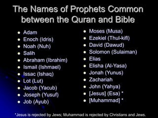 The Names of Prophets Common
between the Quran and Bible
 Adam
 Enoch (Idris)
 Noah (Nuh)
 Salih
 Abraham (Ibrahim)
 Ismail (Ishmael)
 Issac (Ishaq)
 Lot (Lut)
 Jacob (Yacub)
 Joseph (Yusuf)
 Job (Ayub)
 Moses (Musa)
 Ezekiel (Thul-kifl)
 David (Dawud)
 Solomon (Sulaiman)
 Elias
 Elisha (Al-Yasa)
 Jonah (Yunus)
 Zachariah
 John (Yahya)
 [Jesus] (Esa) *
 [Muhammad] *
*Jesus is rejected by Jews; Muhammad is rejected by Christians and Jews.
 