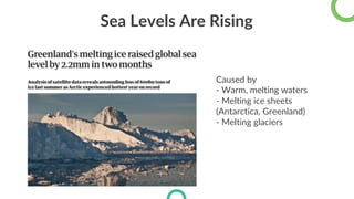 Climate Change = Global warming?
Sea Levels Are Rising
Caused by
- Warm, melting waters
- Melting ice sheets
(Antarctica, Greenland)
- Melting glaciers
 